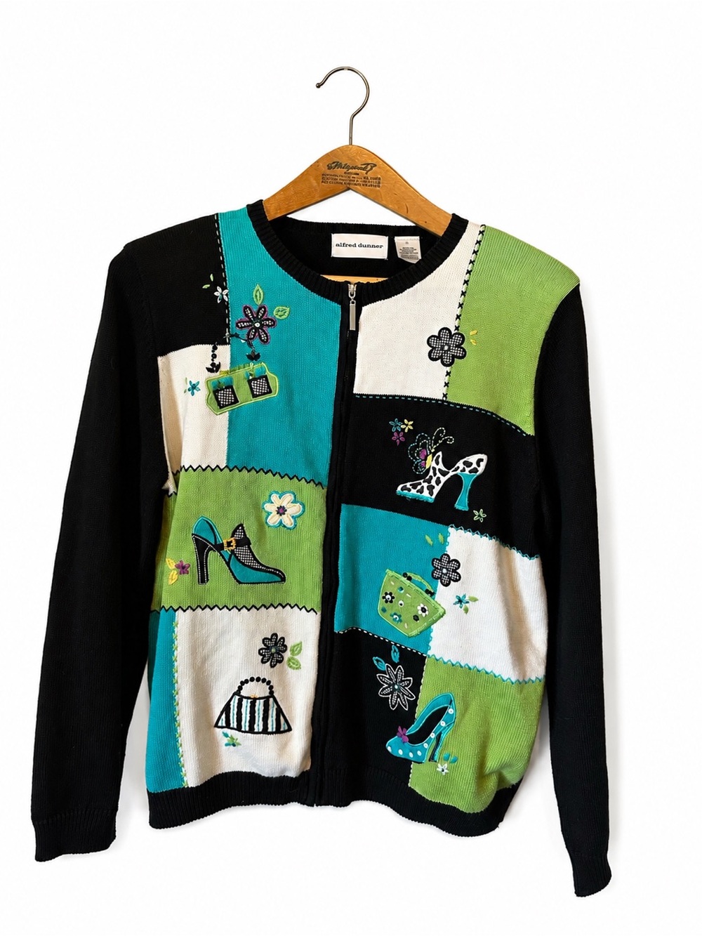 Alfred Dunner Patchwork Embroidered Zip Cardigan XL Artsy Vintage Grandmacore